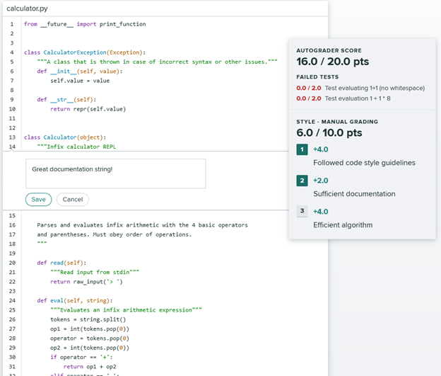 a student's Python code being graded in the Gradescope interface