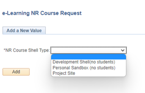 Screenshot of first step in requesting nr course 