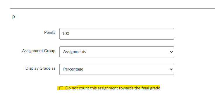 A higlighted image showing where in the assignment settings users can find the described checkbox do not have attendance count toward the final grade.